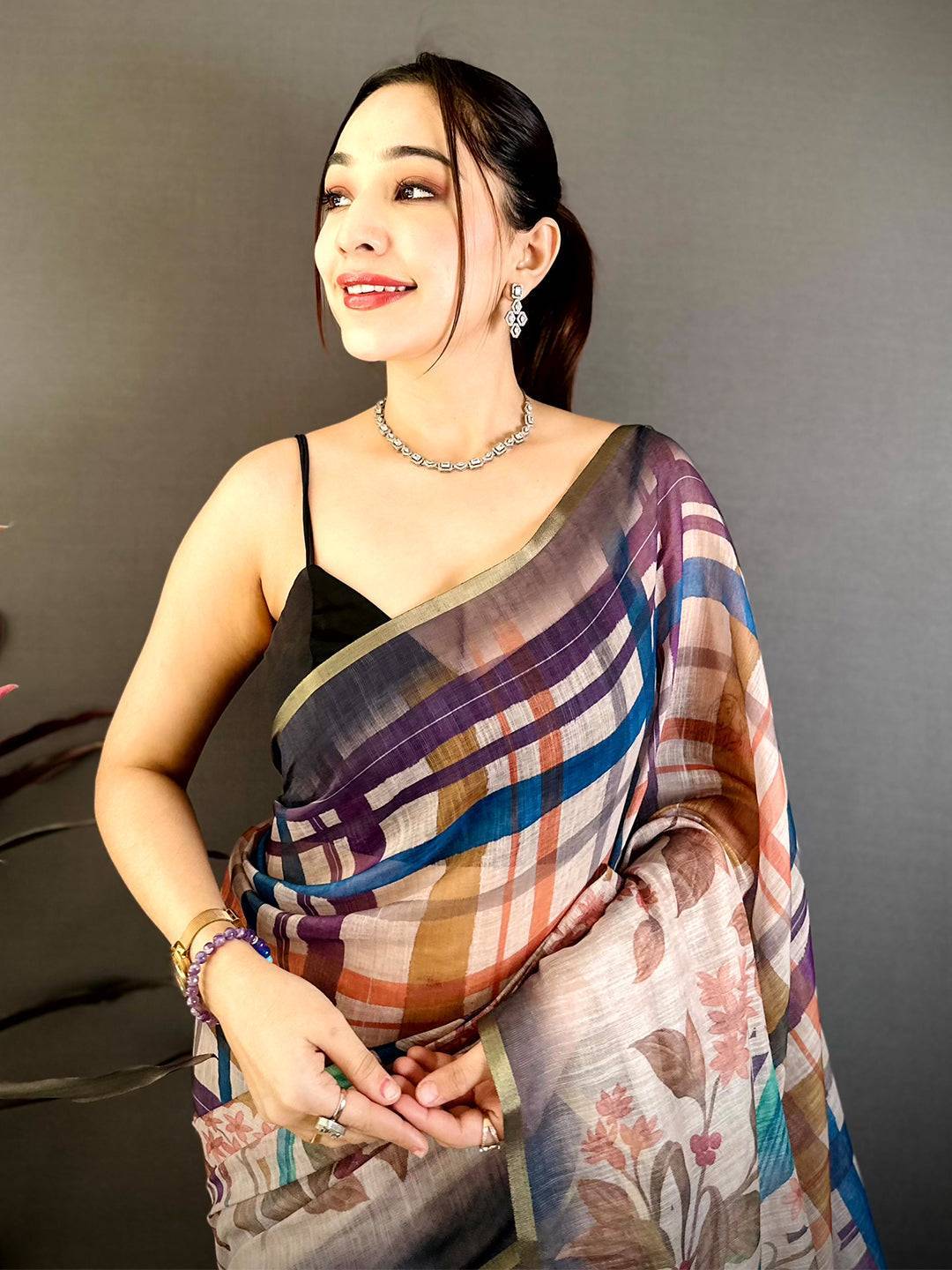 Classic Linen Chanderi Check Saree