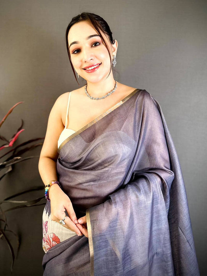 Grey Floral Ikat Linen Chanderi Saree