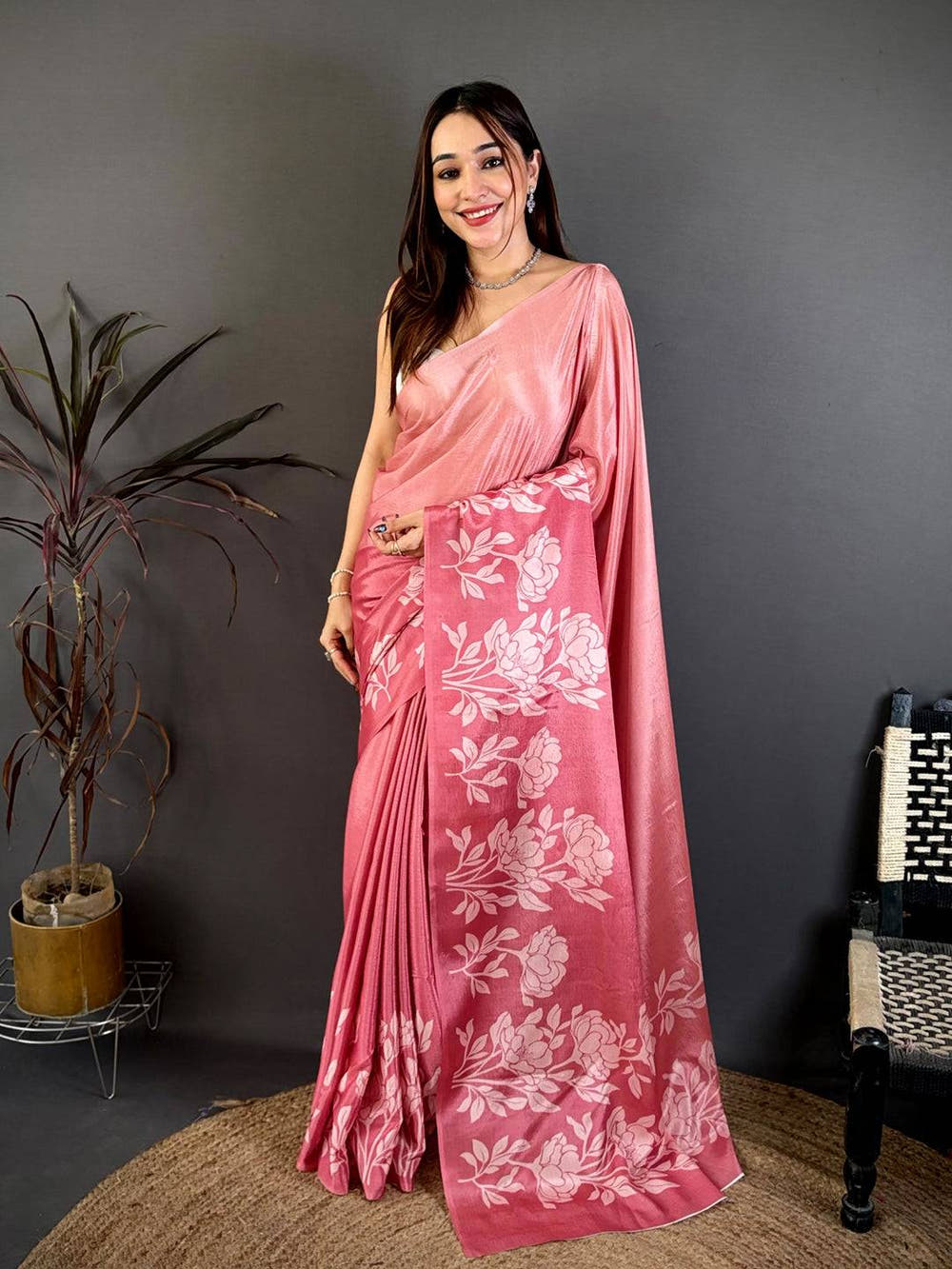 Soft Chinnon Ombre Floral Print Saree