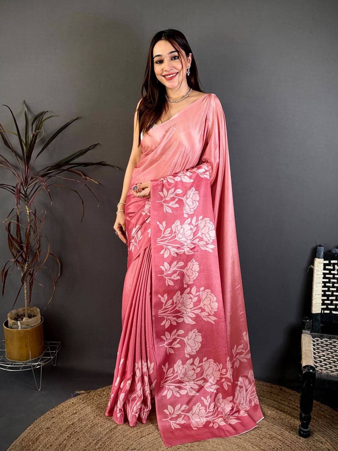 Soft Chinnon Ombre Floral Print Saree