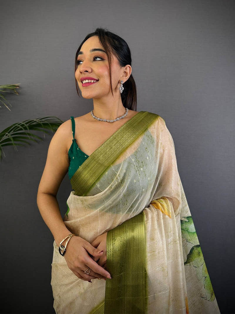 Off White Soft Organza Digital Print Saree