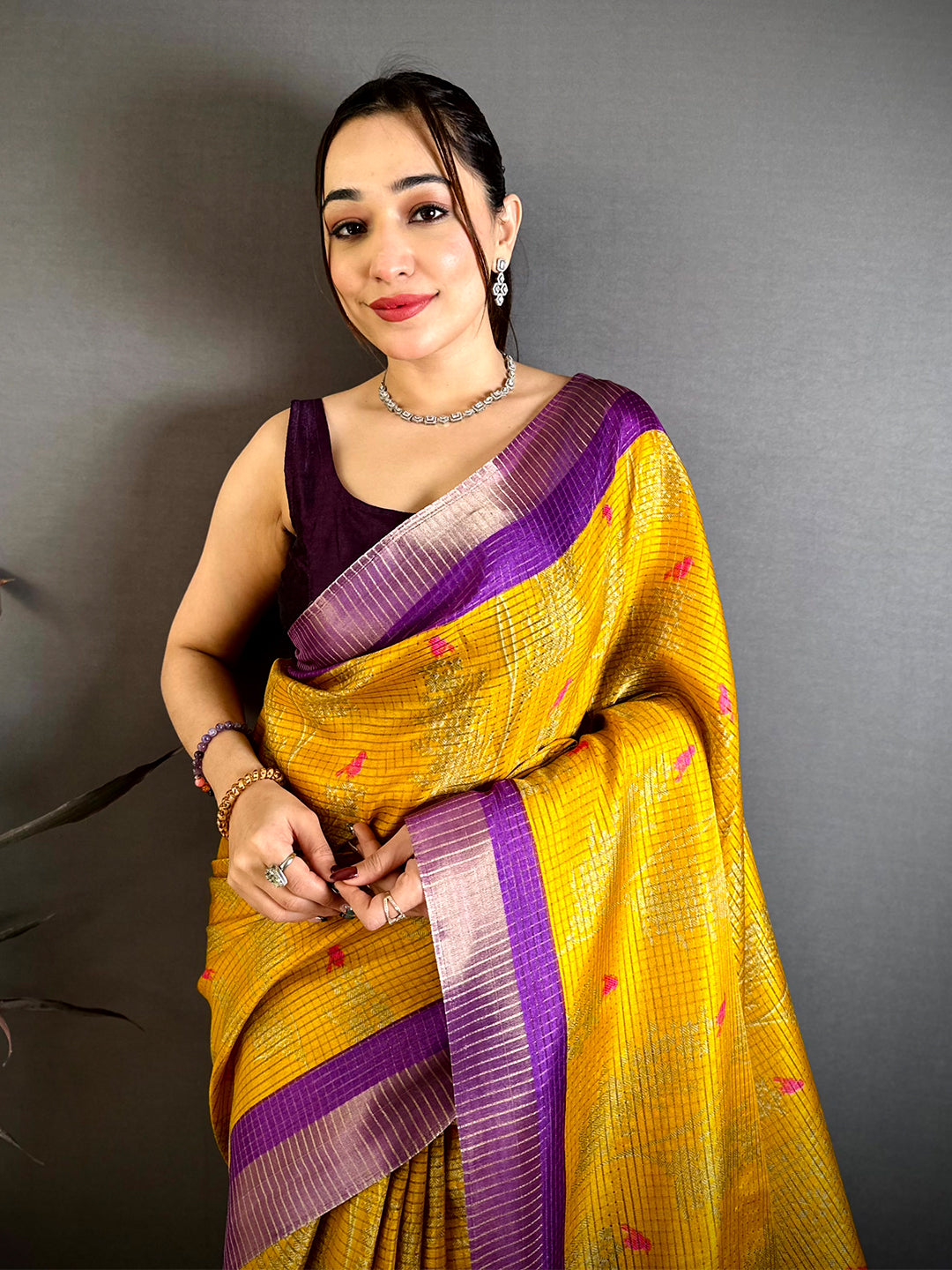 Yellow Tussar Zari Chex Bird Motif Saree