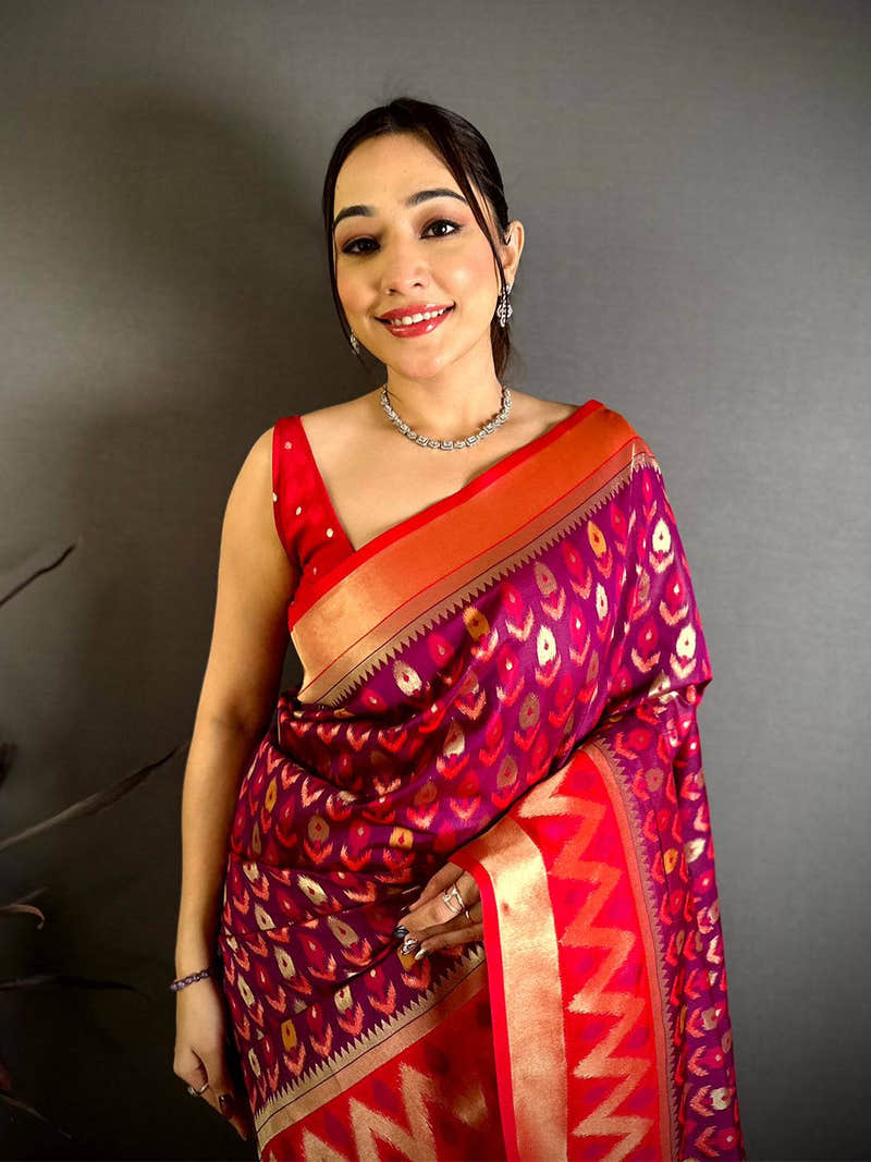 Maroon Double Ikkat Soft Silk Saree
