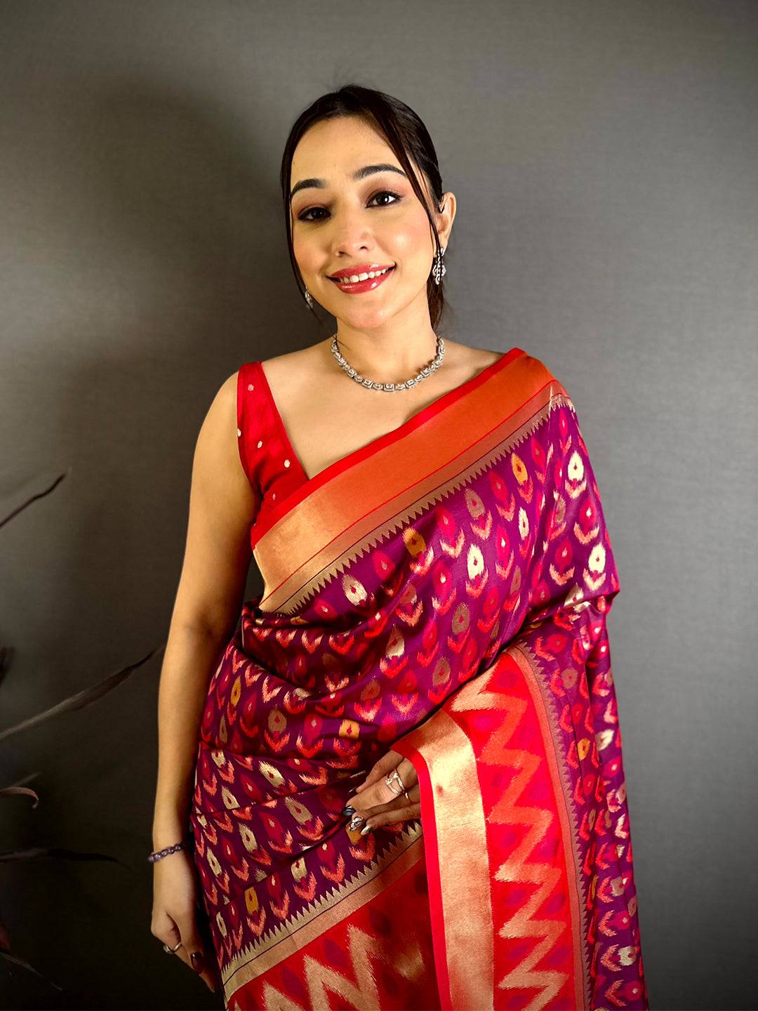 Maroon Double Ikkat Soft Silk Saree