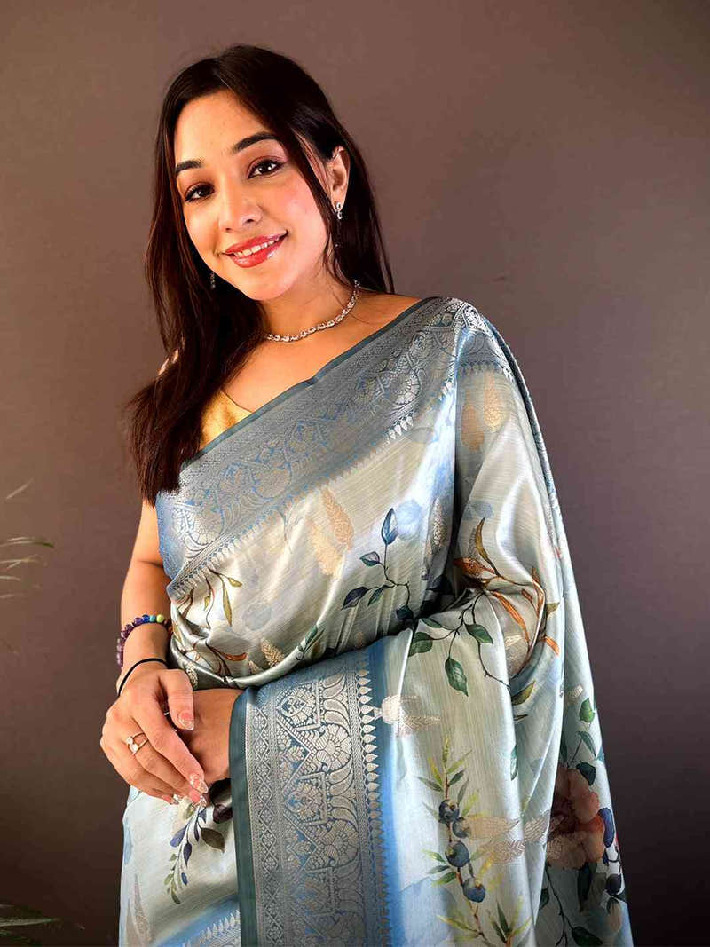 Pastel Blue Bamboo Silk Floral Saree