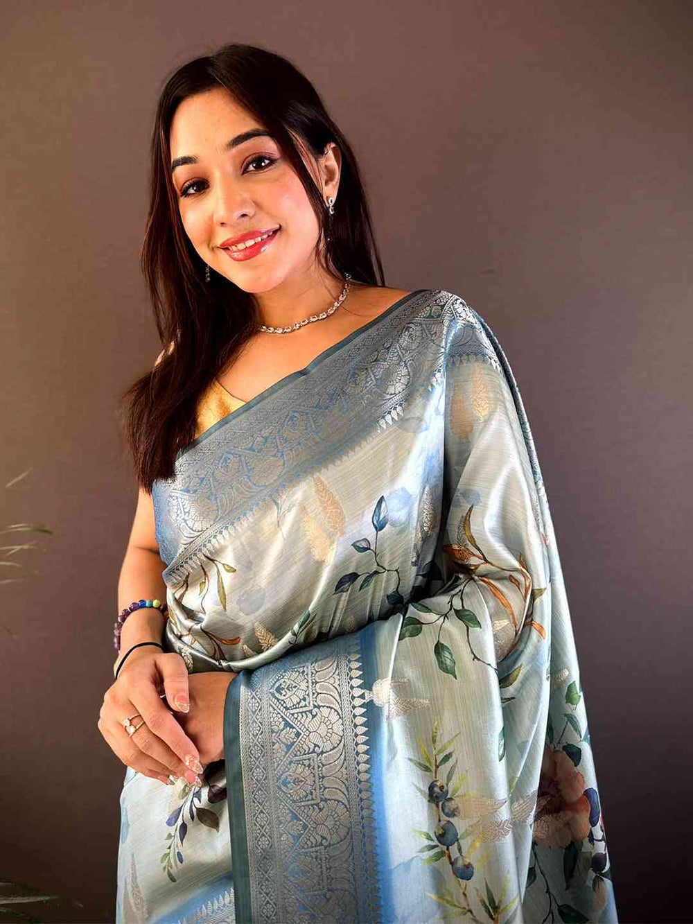 Pastel Blue Bamboo Silk Floral Saree