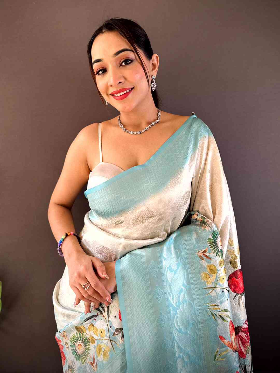 Ivory Kanjivaram Digital Silk Saree