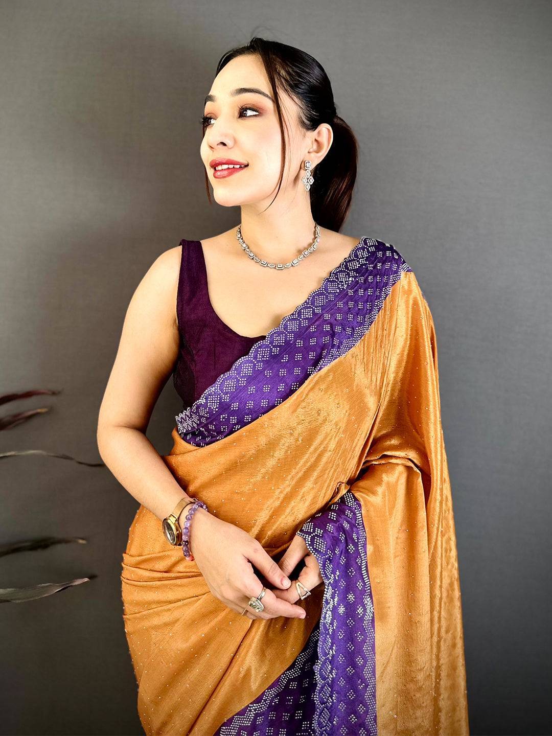 Yellow Poly Chiffon Diamond Swaroski Work Saree