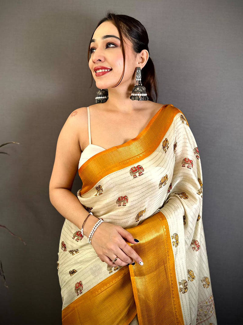 Stylish Ajrakh Block Kalamkari Dola Saree