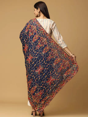 Back view of navy chiffon dupatta with floral embroidery.