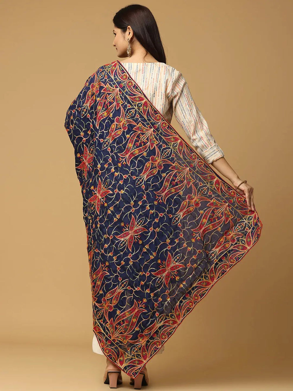 Back view of navy chiffon dupatta with floral embroidery.