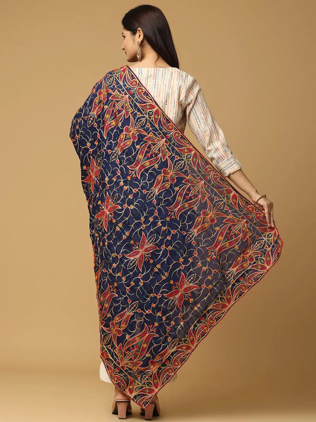 Back view of navy chiffon dupatta with floral embroidery.