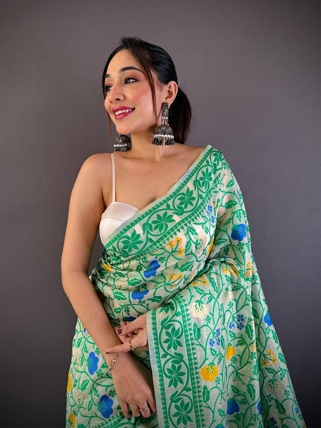 Green Dhakai Jamdani Cotton Silk Saree