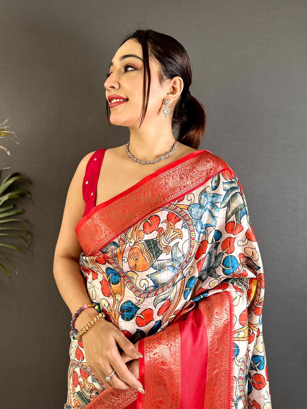 Cream Fish Kalamkari Gadwal Saree
