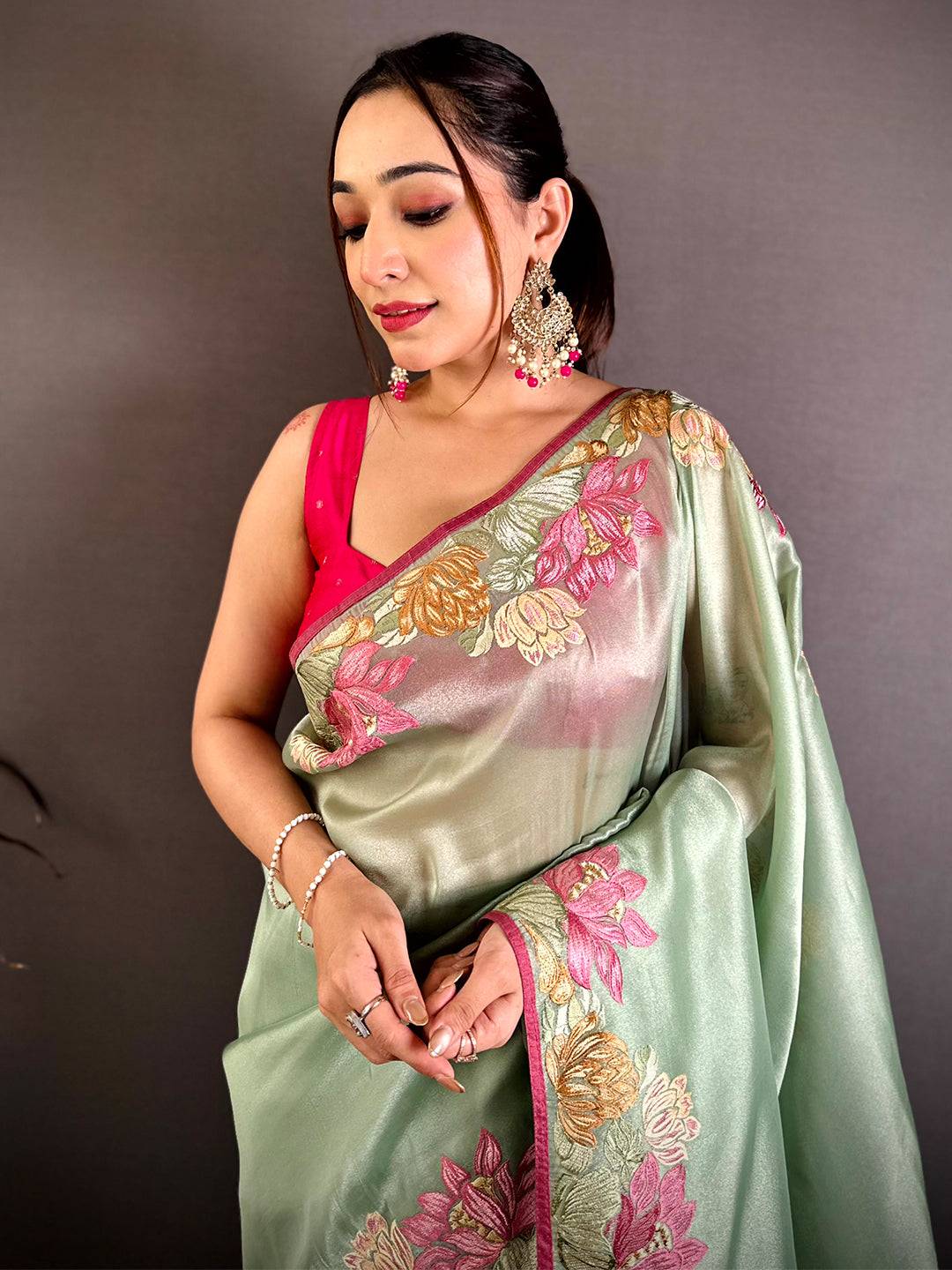Pista Silky Tissue Resham Border Saree