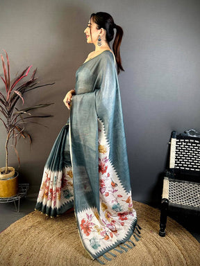 Steel Blue Floral Ikat Linen Chanderi Saree