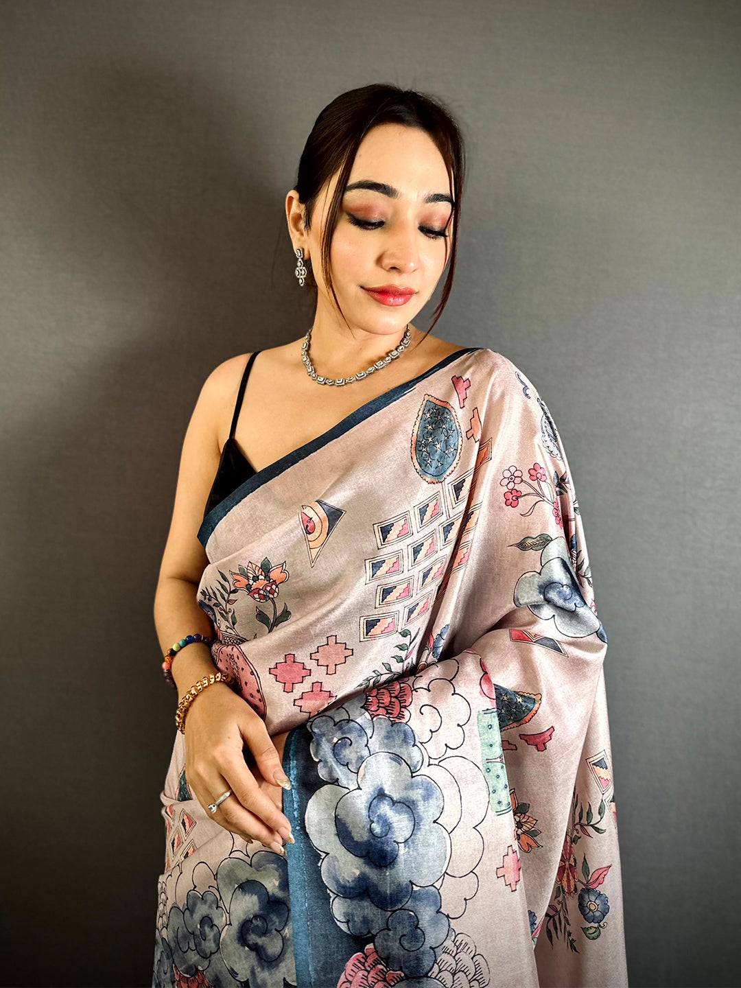 Traditional Floral Kalamkari Tussar Saree