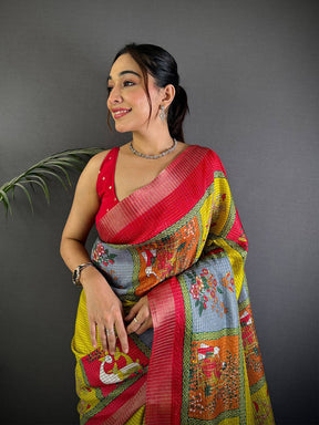 Olive Pure Viscose Kalalmkari Print Saree