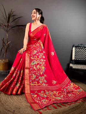 Dark Pink Shade Printed Dola Silk Saree

