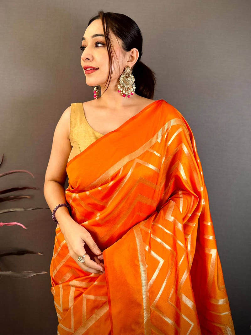 Orange Geometric Zari Weave Banarasi Saree