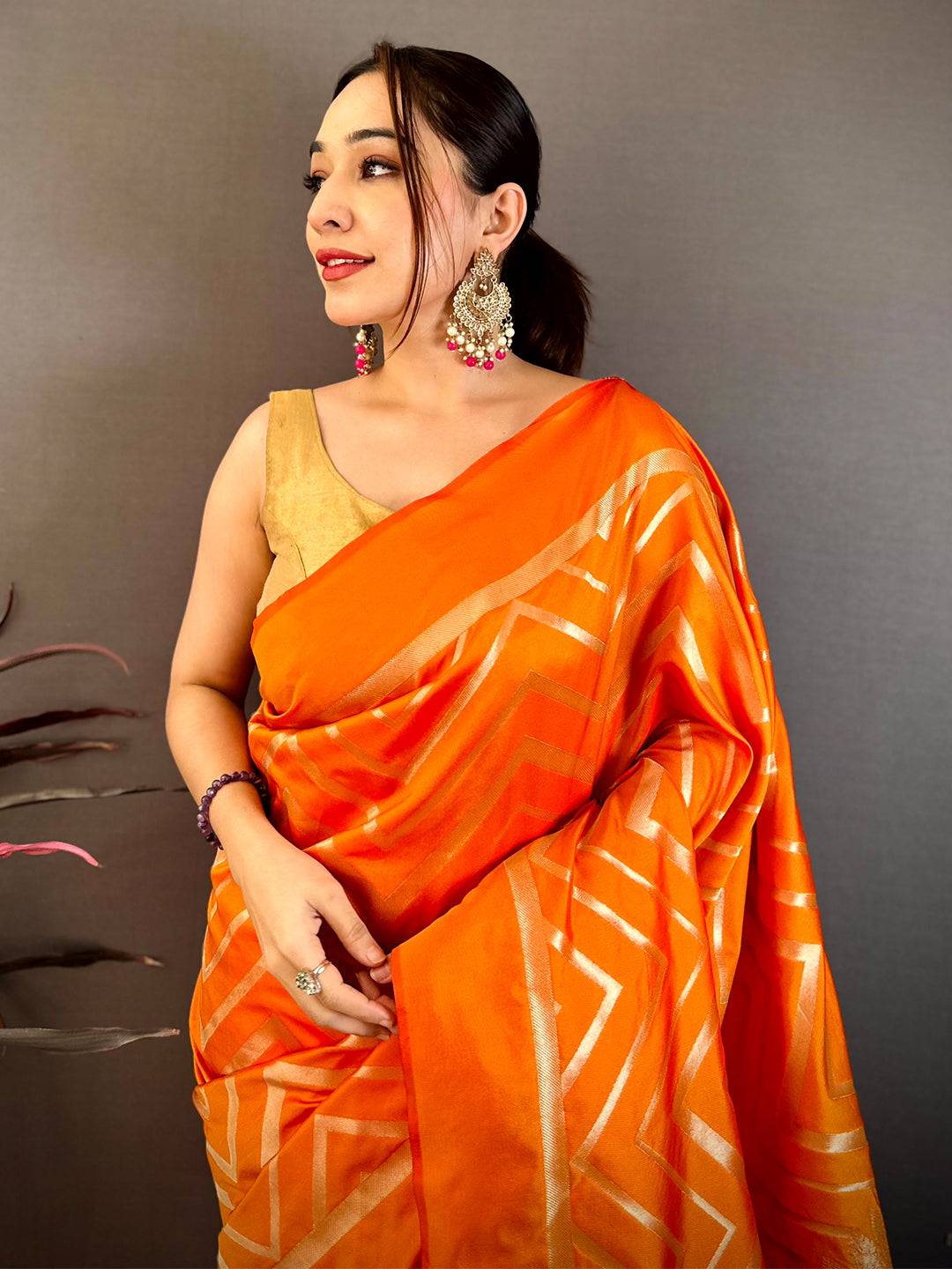Orange Geometric Zari Weave Banarasi Saree