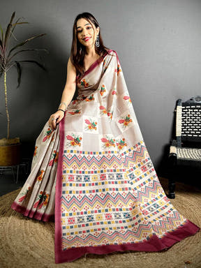 Madhubani Bird Pallu Tussar Saree