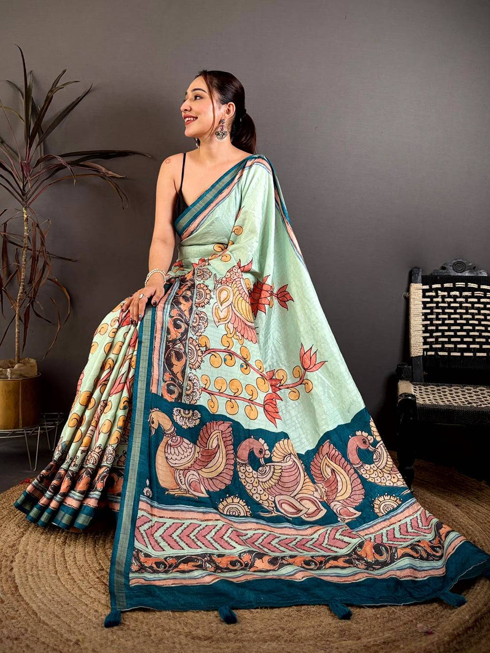 Regal Kalamkari Lotus Tussar Saree
