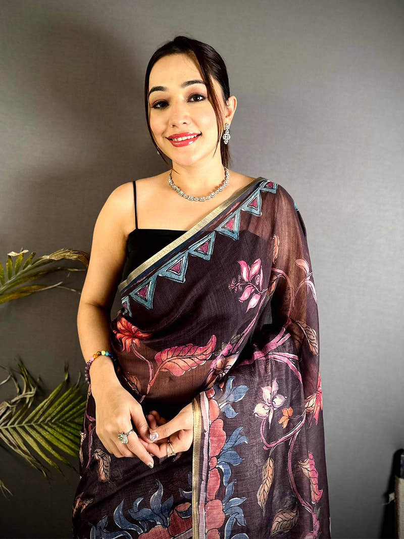 Opulent Floral Hand Art Linen Saree