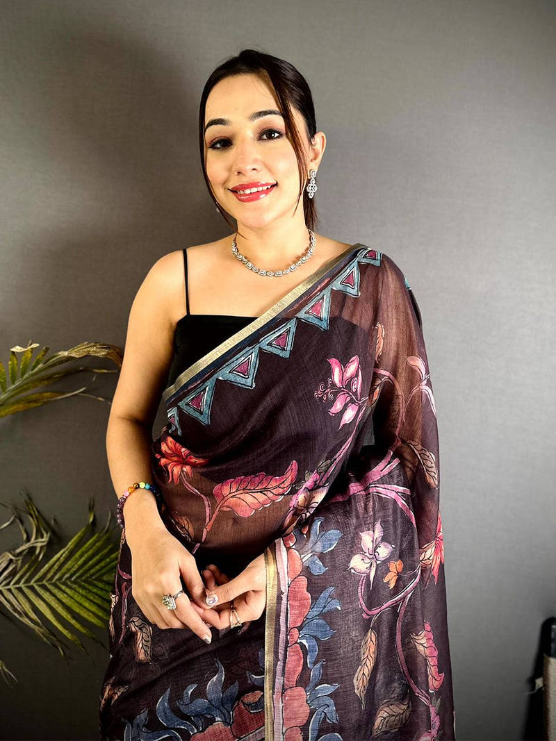 Opulent Floral Hand Art Linen Saree