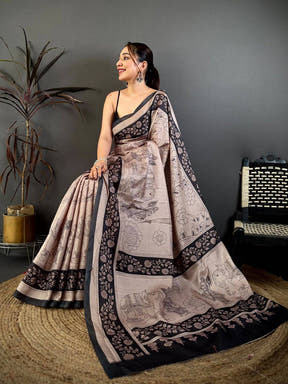 Rust Pen Kalamkari Print Soft Tussar Saree