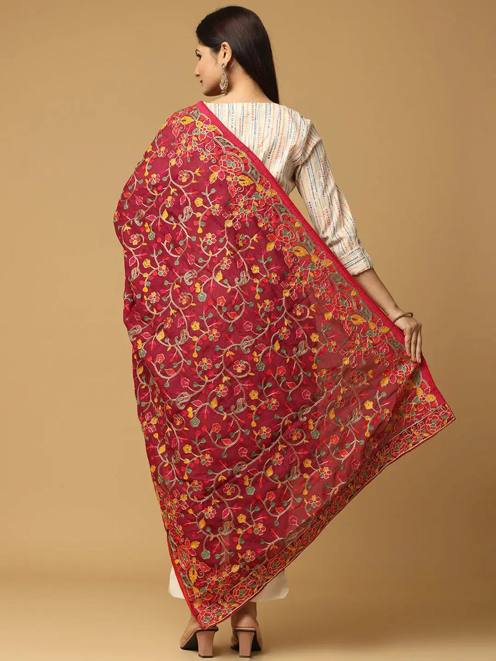 Back view of wine poly chiffon pashmina dupatta with embroidery