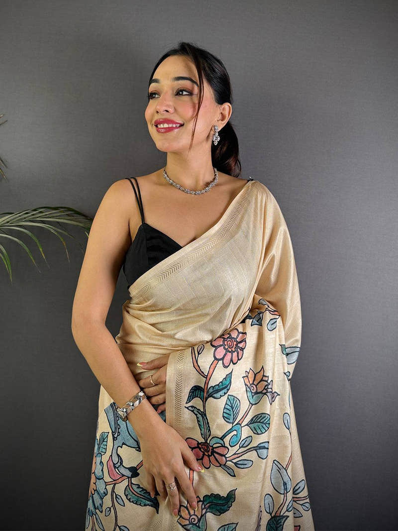 Kalamkari Printed Cream Ghicha Saree