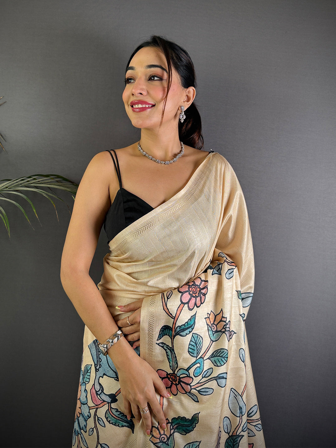 Kalamkari Printed Cream Ghicha Saree