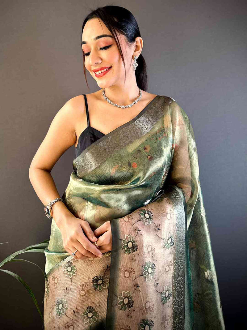 Green Floral Satin Bentex Border Saree