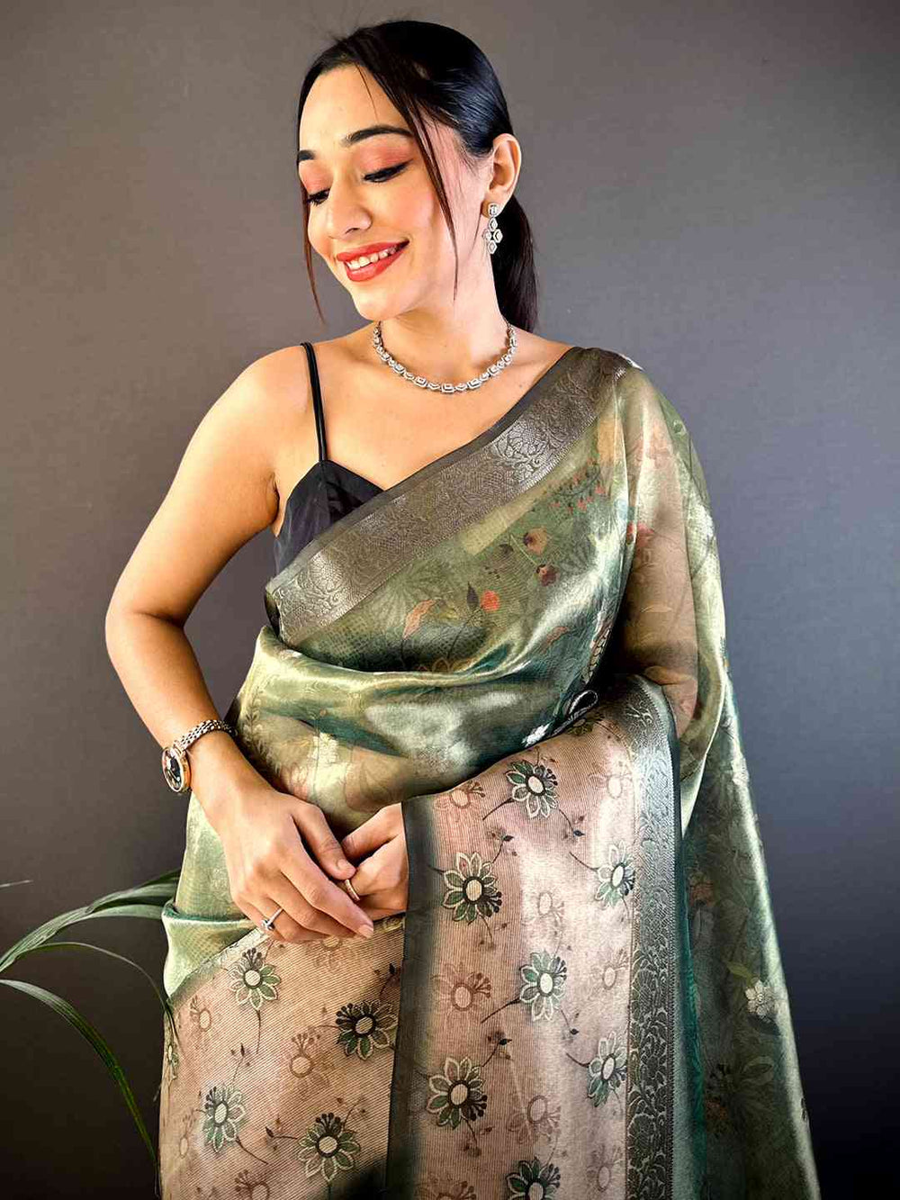 Green Floral Satin Bentex Border Saree