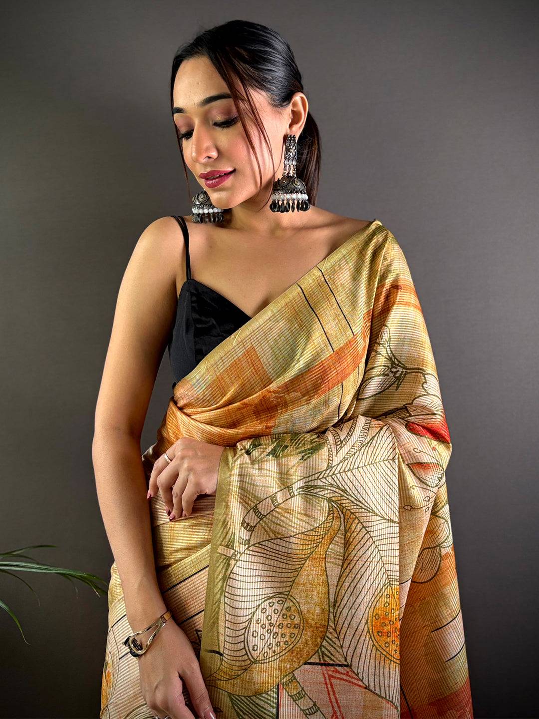 Olive Tussar Silk Lush Botanical Prints Saree