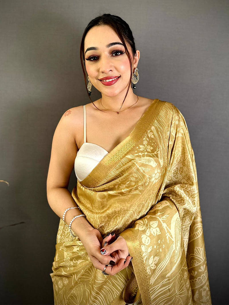 Tussar Bird Digital Print Zari Border Saree