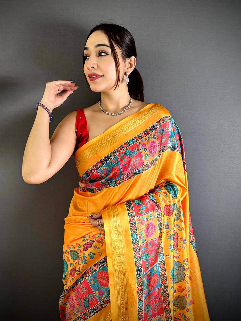 Mustard Yellow Soft Silk Kashmiri Print Saree with Zari Border