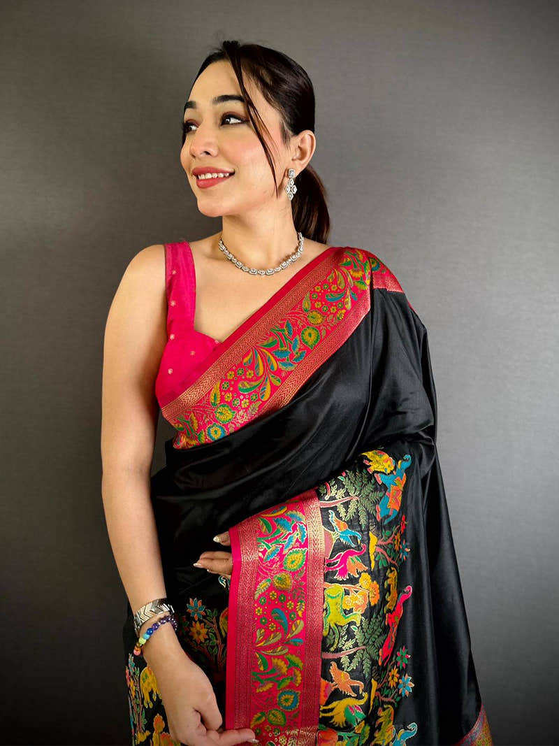 Black Soft Semi Silk Minakari Weave Saree