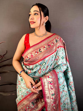 Aqua Patola Silk Zari Weaving Saree
