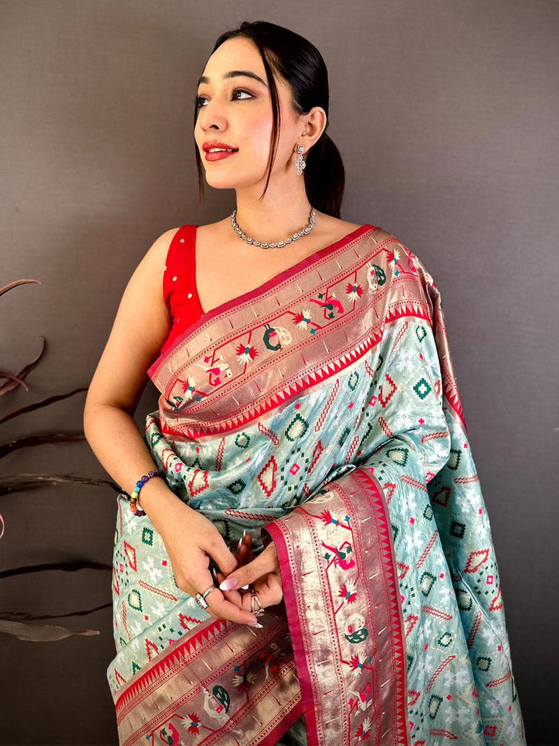 Aqua Patola Silk Zari Weaving Saree