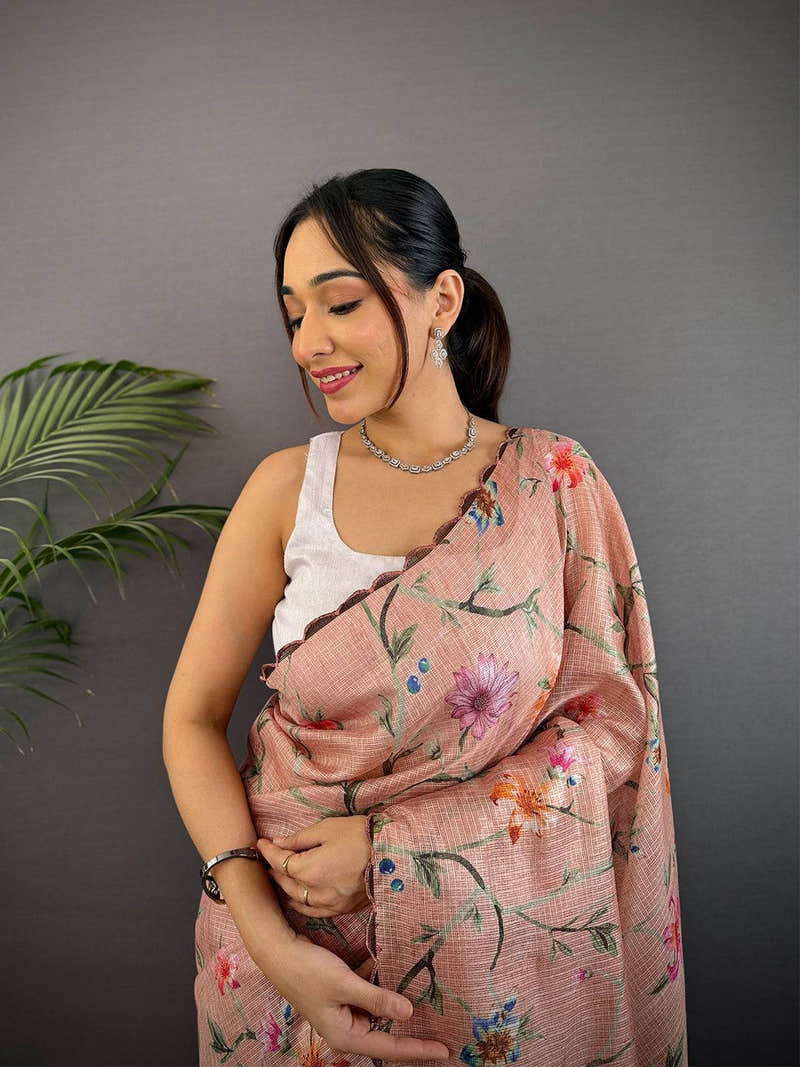 Peach Soft Kota Floral Print Saree