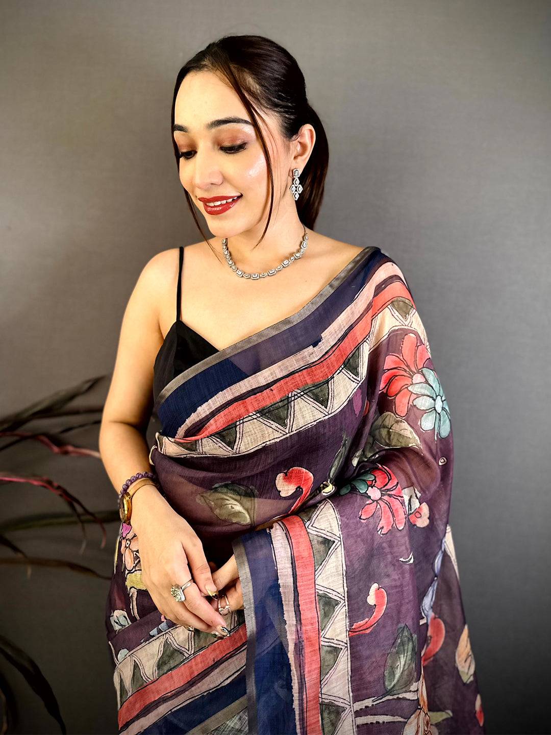 Purple Free Hand Floral Linen Saree