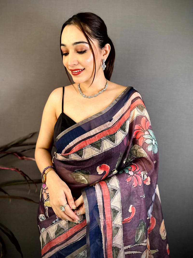 Purple Free Hand Floral Linen Saree