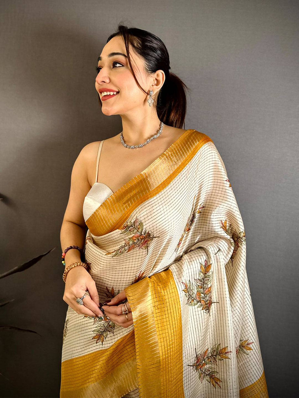 Yellow Leaf Minakari Tussar Saree