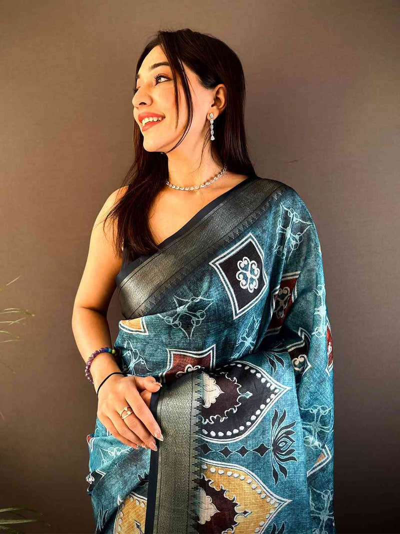 Teal Kota Doriya Zari Weave Digital Print Saree