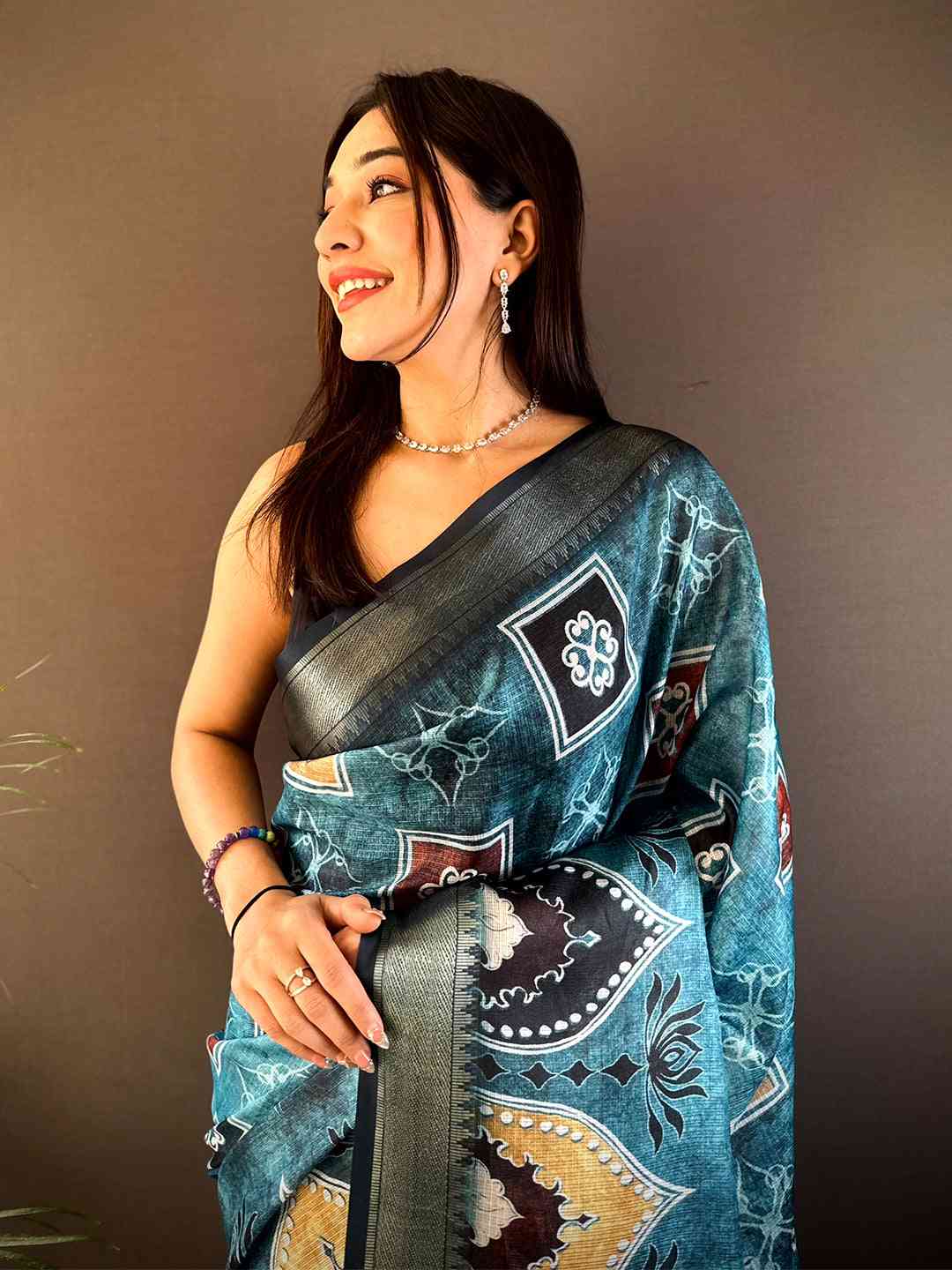 Teal Kota Doriya Zari Weave Digital Print Saree