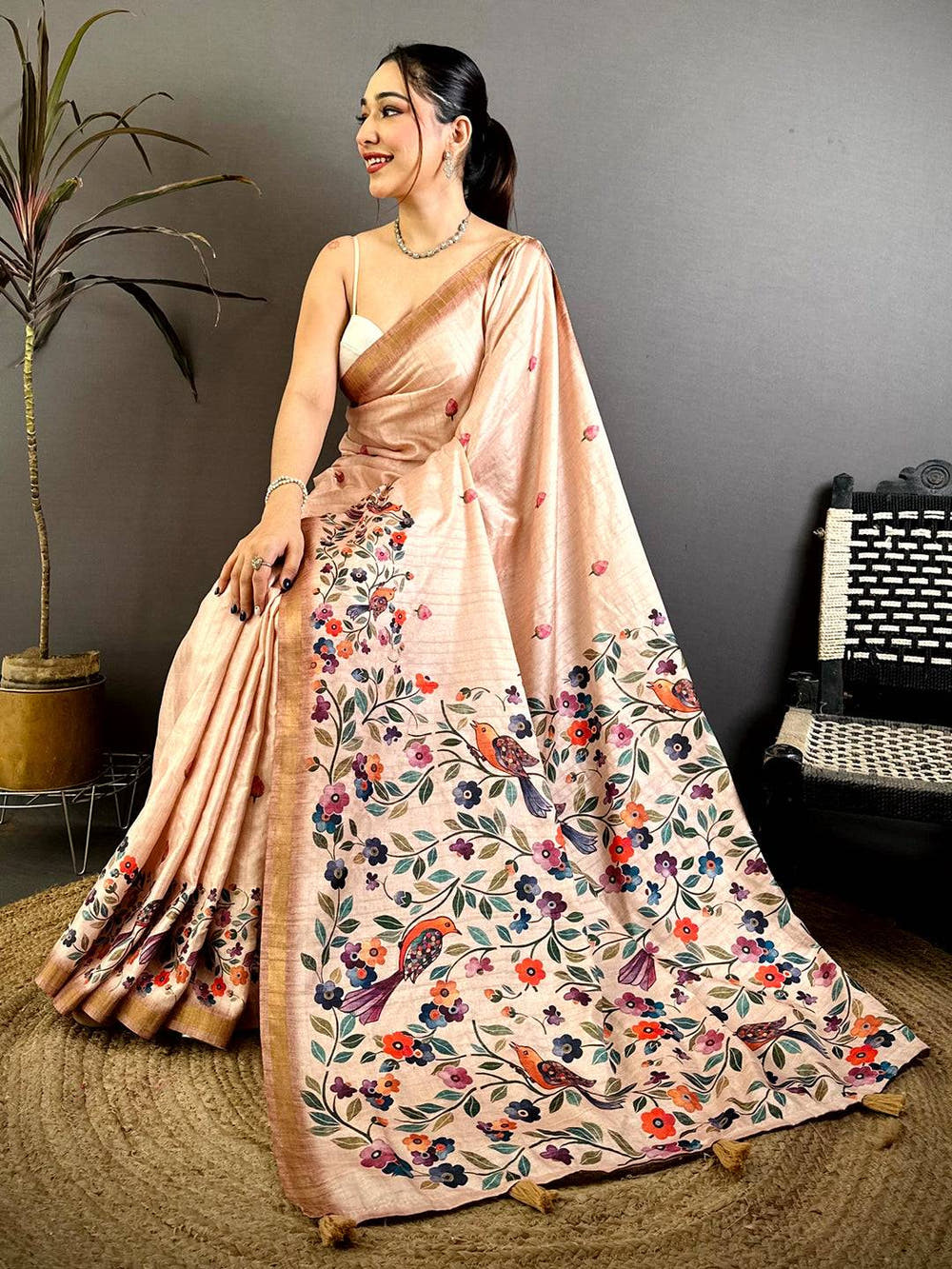 Designer Tussar Ghicha Kalamkari Print Saree