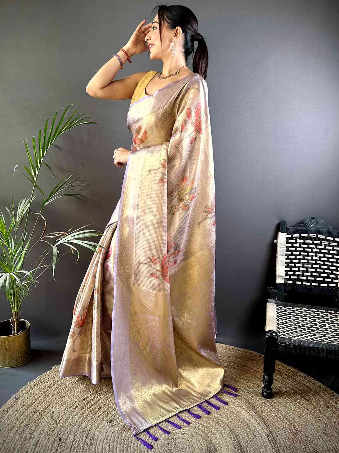 Stylish Lavender Self Gold Zari Floral Print Saree