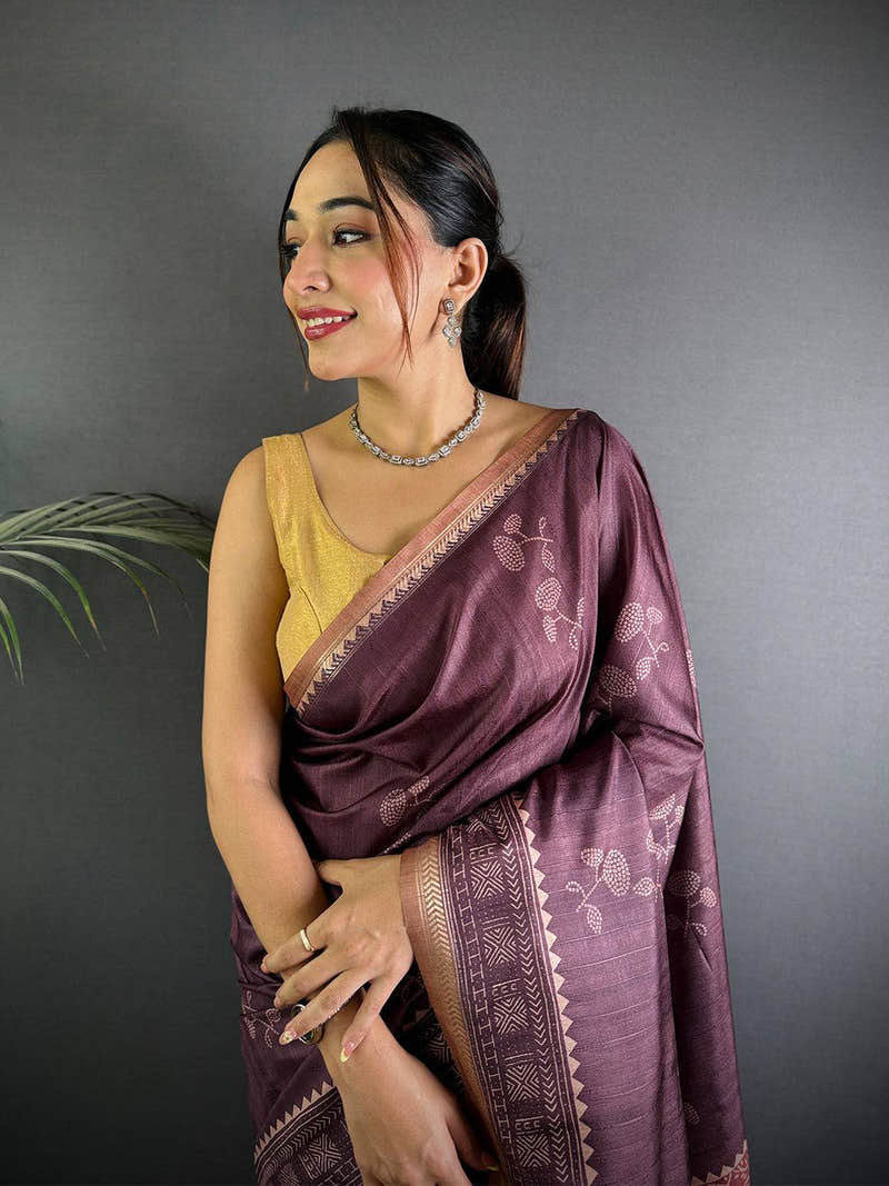 Tussar Ghicha Silk Bandhani Print Saree